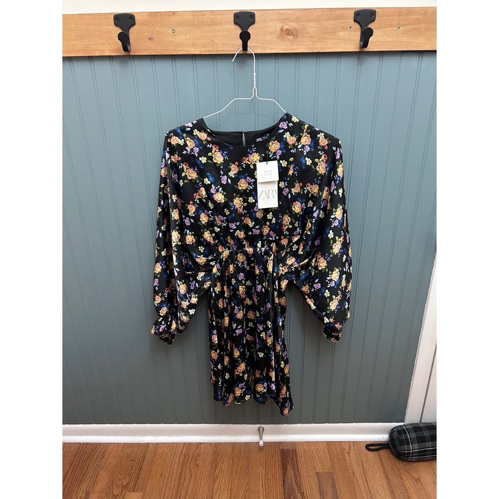 Zara Black Floral Satin Mini Dress Long Sleeve NWT 0003/311/050 Size S